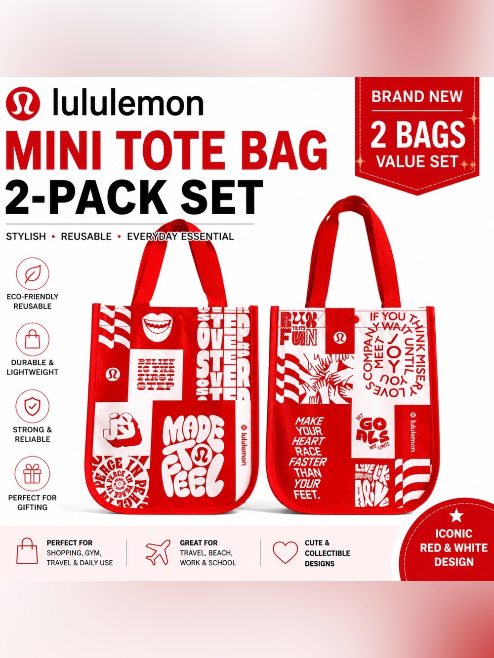 NEW Lululemon Mini Tote Bag Set 2-Pack Red White Collectible Reusable Bags